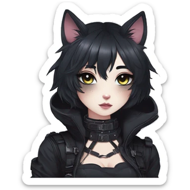Gorgeous gothic dark techwear anime style anthro cat with blushing face aesthetic and pretty edgy black with collar and harness trending style sticker