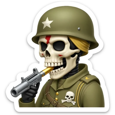 Una calavera 💀 soldado 🪖 mordiendo una bala en su boca con fondo verde  sticker