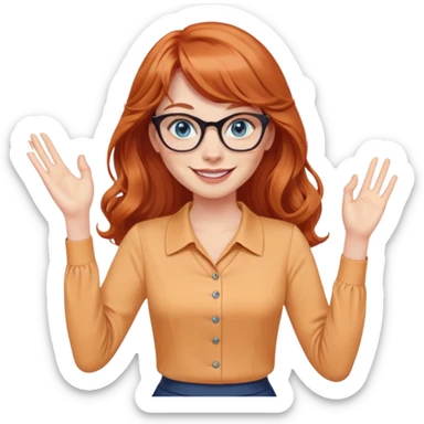 redheaded woman with very long wavy hair and bangs, blue eyes, cat-eye glasses, pencil skirt, apricot blouse, waving, smiling sticker