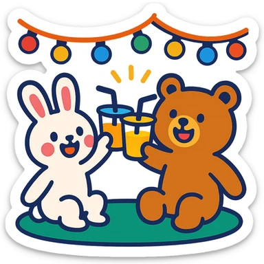 bunny and bear clinking juice cups under string lights, vibrant toon style, bright and lively colors sticker