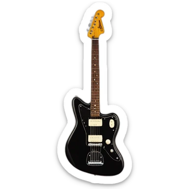 a deep black fender jazzmaster with a red tortoise shell pickguard sticker