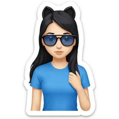 A girl with black long hair with pony, wearing black sunglasses and a blue t-shirt. sticker