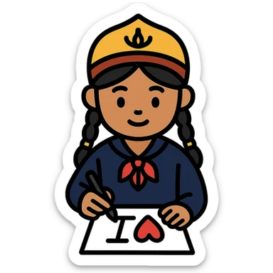 Kazakh girl in Korean foreign school uniform, drawing the letter T with a heart on a sheet of paper sticker