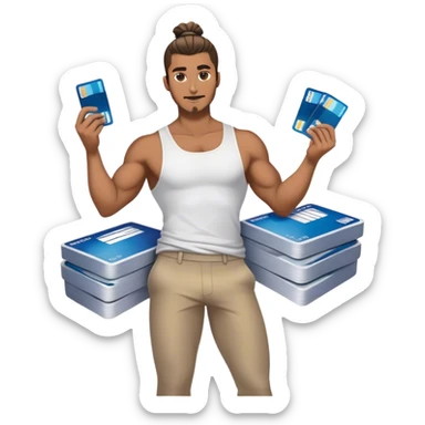 Handsome Brown guy with a glossy man bun , flexing stacks of American Express cards , full body.  sticker