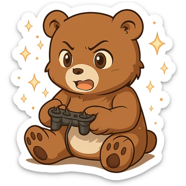 Add magical sparkles around the chibi bear playing video games. Keep the image with no background. sticker
