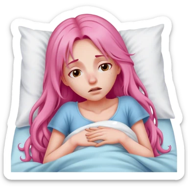 Young Woman with long pink hair In bed with sinus pain  sticker