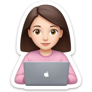 happy white brunette girl with hazel eyes in light pink using laptop sticker