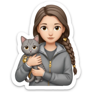 a white girl with long brunette hair in braid that is over her shoulder. shes holding a grey cat. the girl has long lashes and has on a grey zip up that is half way zipped  and under a white shirt and gold jewelry that is gold bracelets. sticker