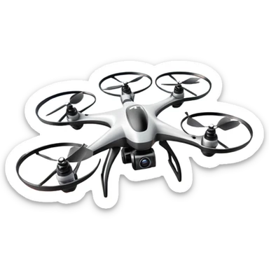 An icon showing a racing quadcopter drone in the foreground, flying at high speed through a course filled with obstacles and checkpoints. Other drones zoom in the background over a dynamic landscape. Transparent background highlights the thrill and precision of drone racing. sticker