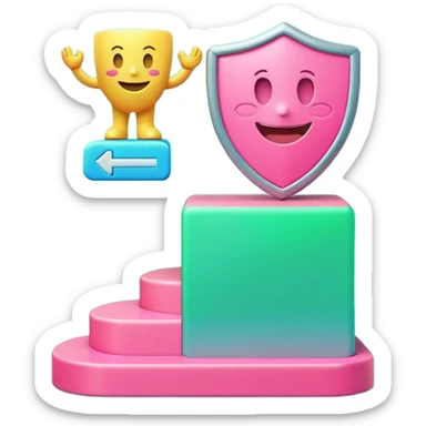 Minimalist 3D emoji-style podium with 2 steps on a green chroma key background. Step 1 (higher) features a handshake icon with blue neon glow. Step 2 (lower) features a smiling tooth with a shield icon and pink neon glow. Clean rendering, soft colors, uniform lighting sticker