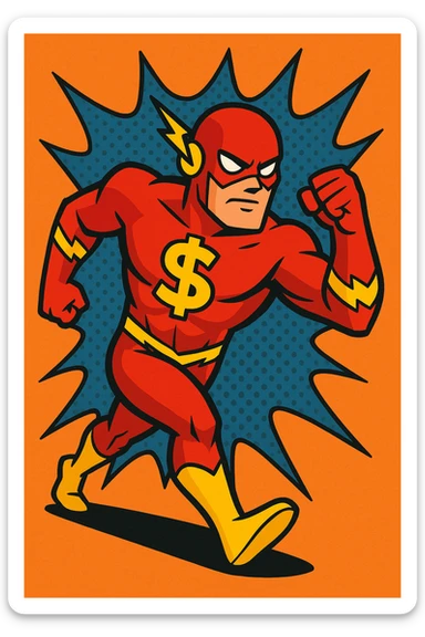 superhero in a dynamic pose inspired by The Flash, bold money symbol on chest, vibrant comic book style sticker