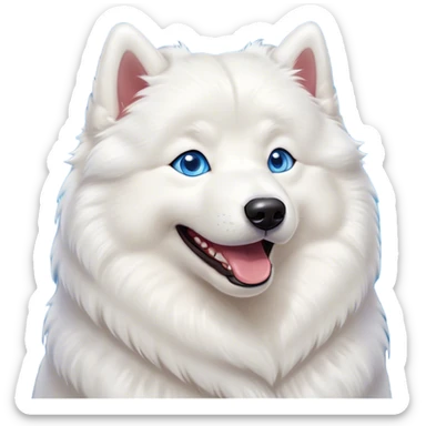Cinematic Comical Samoyed Portrait Emoji, Head tilted dramatically with an exaggeratedly amused expression, featuring a striking, fluffy white Fur with a radiant sheen, wide, expressive blue eyes filled with playful disbelief, Simplified yet hilariously expressive features, highly detailed, glowing with a slightly sassy glow, high shine, dramatic yet playful, stylized with an air of cheeky mischief, bright and endearing, soft glowing outline, capturing the essence of a spirited and over-the-top companion, so meme-worthy it feels like it could side-eye its way into internet fame instantly! sticker