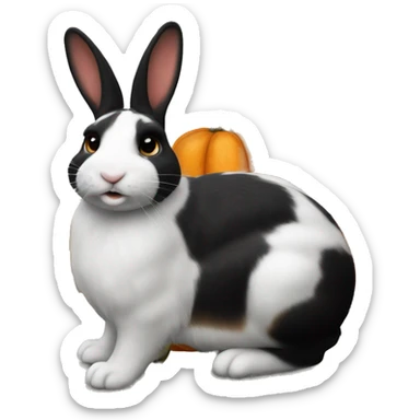 Dutch bunny with orange, black and white striped fur, sitting next to a realistic carved pumpkin  sticker