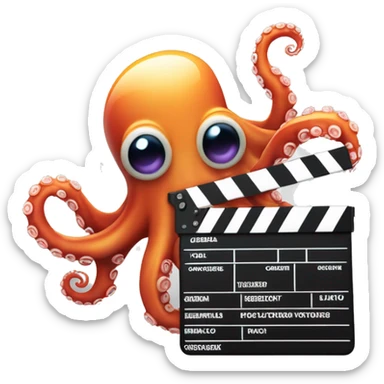 "A vibrant 3D emoji of a cheerful octopus holding a modern movie clapperboard, with dynamic tentacles symbolizing creativity and speed. The design features colorful gradients, sleek editing icons, and a semi-transparent background for versatility." sticker