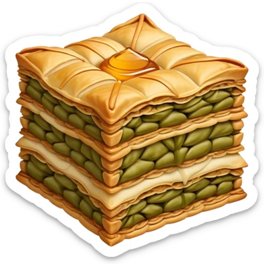 Cinematic Realistic Baklava Dessert Emoji, depicted as layers of flaky pastry with honey and nuts rendered with rich textures and warm, inviting lighting. sticker