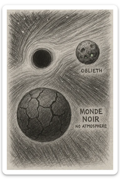 hand drawn map of dark back ward -“A dark cosmic region orbiting a massive black hole. No sunlight. A dead solar system with twisted planets and moons circling in silence. Monde Noir looms in the foreground — a cracked, obsidian planet with no atmosphere. Its moon, Oblieth, floats nearby, scarred and pitted, with faint green lights glowing from within cave openings. Stars are distorted and streaked by gravitational lensing. The entire scene is heavy, quiet, and surreal.” sticker