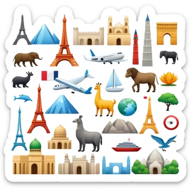 Icon for Magnet Collecting: a variety of colorful magnets with iconic landmarks, animals, and symbols from different countries, neatly arranged on a magnetic board or fridge. The icon should convey the fun and diversity of magnet collecting. Transparent background. sticker