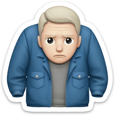 A sad man turns out his pockets and looks sadly at the camera sticker