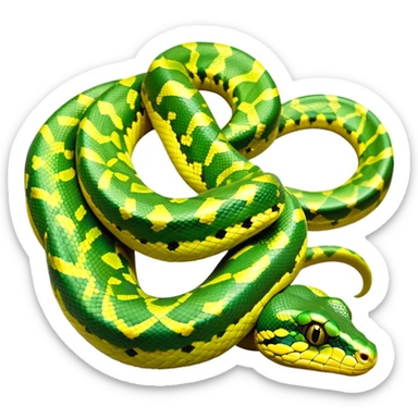 cinematic-green tree python-realistic-full-body-coiled-emoji,-thick-scaled-body-looped-tightly,-intricate-tellow and green-patterned-scales-reflecting-light,-head-tilted-dramatically,-slitted-eyes-staring-calmly,-simplified-yet-realistic-focused-feature sticker