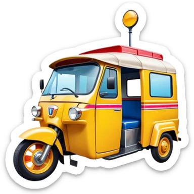Cinematic Realistic Tuk Tuk Pop Culture Emoji, featuring a vibrant portrayal of the iconic Thai tuk tuk rendered with dynamic textures and lively, urban lighting. sticker