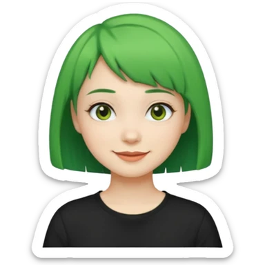 Girl with green Bob Cut – short green hair, cheerful smile, black t-shirt sticker