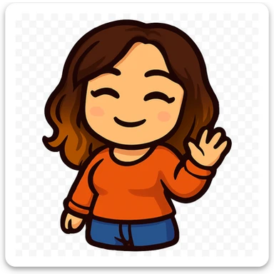 Sticker style chibi emote, matching the attached green heart emote as a base, but with a slightly skinnier body and a bigger chest. Woman from reference, orange sweater and blue jeans, waving hello, cute friendly face, no headband, no wand, no green heart, transparent background. Top color should not match jeans. sticker