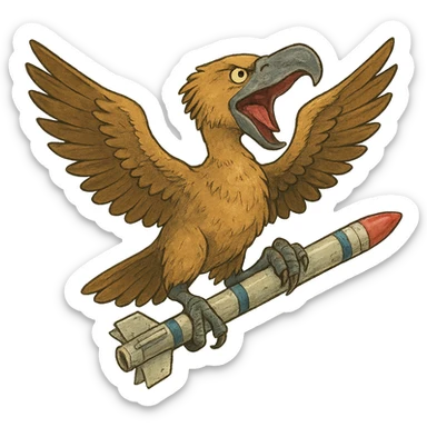 an insignia for a flag: a strange foreign alien bird creature, resembling a prehistoric phorusrhacos, gripping a sidewinder missile in its' powerful claw, standing up on its' other claw, cawing fiercely, wings spread in defiance.
 sticker