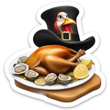 Turkey with hat slice of black toasted bread with pan of oysters, fire sticker