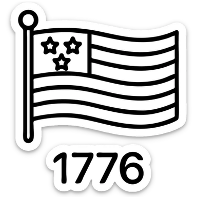 Add the text '1776' in bold black font below the horizontal black and white outlined American flag, keeping the style and background transparent. sticker