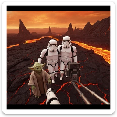 Camera POV, Starwars stormtroopers vlogging selfie, he is walking on lava planet with yoda sticker