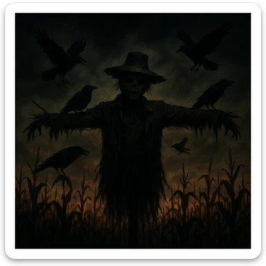 creepy banner, scarecrow in a cornfield at dusk, crows, ominous sky, horror movie style sticker