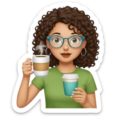 White girl with dark brown curly hair, brown eyes, sky blue glasses, nose ring, green t shirt, drinking coffee from a glass cup sticker