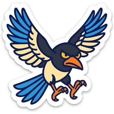 Make the flying magpie look evil with sinister eyes and a mischievous expression, no background. sticker