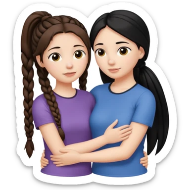 Comforting Hug two white skin women, one shorter woman with medium brown simple top ponytail, not braided, and one taller woman with a single long black side braid sticker