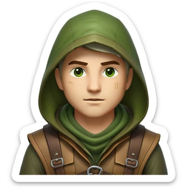 Clash of Clans aesthetic friendly Ranger Portrait Emoji, With a lean, agile build clad in earth-toned leather and green accents, a keen, focused gaze and a weathered hood shadowing determined eyes, his face rendered in a natural skin tone (not yellow), Simplified yet sharply defined features, highly detailed, glowing with a soft, natural woodland radiance, high shine, intelligent and resolute, stylized with an air of forest guardian authority, focused and alert, soft glowing outline, capturing the essence of a confident ranger ready to defend the wild with stealth and valor! sticker