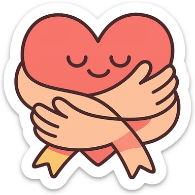 heart wrapped with soft ribbon or hands, symbol of self-care and self-acceptance, pastel toon style, clear contours, soft shadows and highlights, white outline sticker
