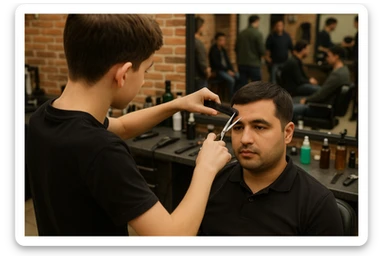 yuzi ko'rinmasin sartaroshxonada ishlayotganini tasvirlab ber mijozlarni sochini olayotganini o'smirin davrini sticker