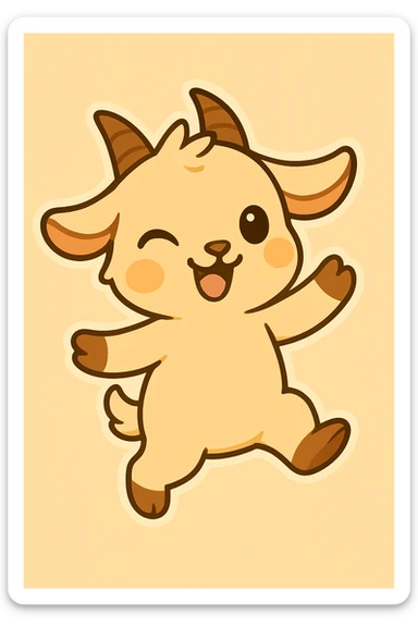 Chibi goat, winking and dancing, both legs bent as if jumping, arms up, joyful expression, animation frame 4, same style and background as reference. sticker