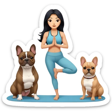 latin woman in a yoga outfit with long black hair standing alongside two French bulldogs emoji
 sticker