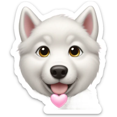 White husky puppy with light pink heart sticker