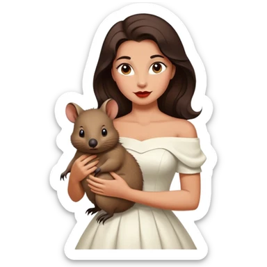 Beautiful woman in 1950’s woman fashion look, off-shoulder white dress, long dark brown hair, wombat sticker