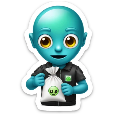 An alien holding a tiny ziploc bag sticker