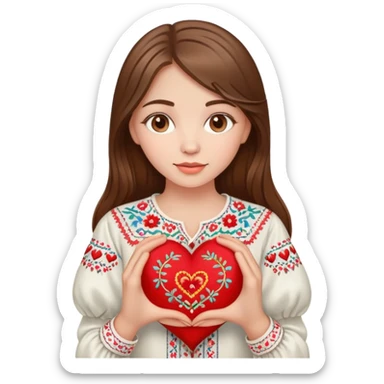 A beautiful young girl with brown hair in a Ukrainian embroidered shirt is holding a large embroidered heart sticker