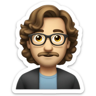 white guy with curled mi-long hair, brune, with glasses, with small moustache and beard sticker