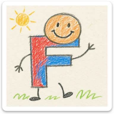 The letter F designed as a cheerful character, with bright colors and a whimsical, animated look, perfect for an ABC fun theme. sticker