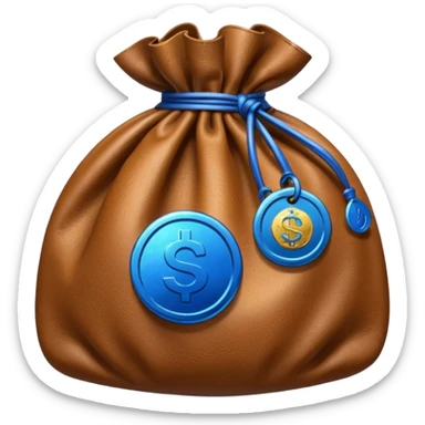brown money bag with a blue coin  sticker