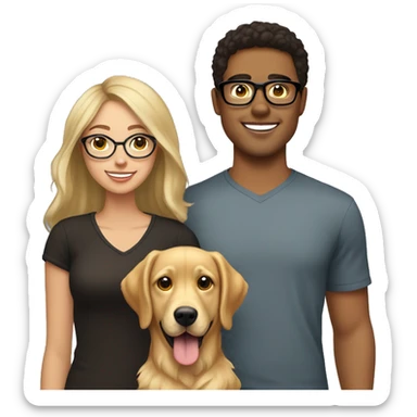 26 year old brunette with blonde highlights wearing glasses with her husband with dark brown hair and their golden retriever  sticker