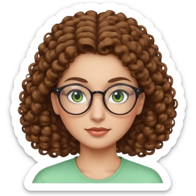 iranian woman, tight curly light brown hair in pony tail, glasses, green eyes, pretty, oval shape face sticker