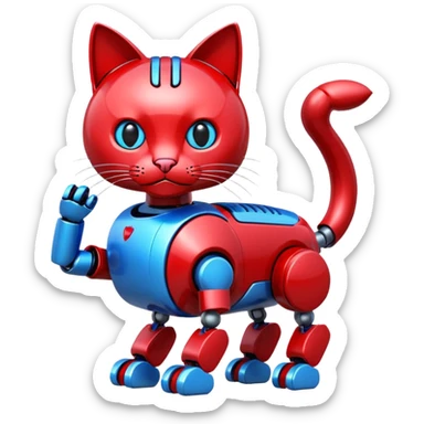 generate robot cat, glossy, realstic, red and blue color, write on text "LMX" sticker