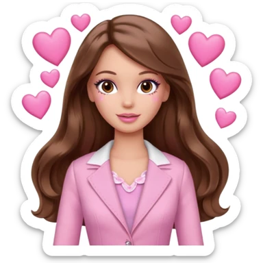 Barbie girl and  makeup , brown long straight wavy hair and brown eyes is In pale pink clothes There are pink hearts all around sticker